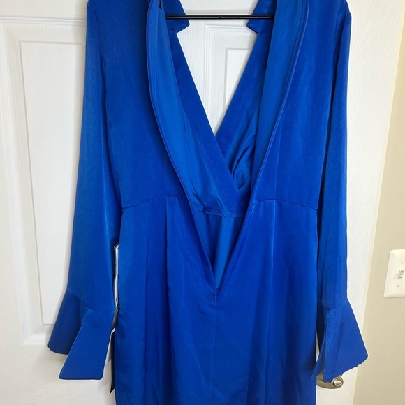 ADRIANNA PAPELL faux SATIN WRAP DRESS WITH LONG SLEEVES dark blue size 8 NWT - Picture 12 of 16